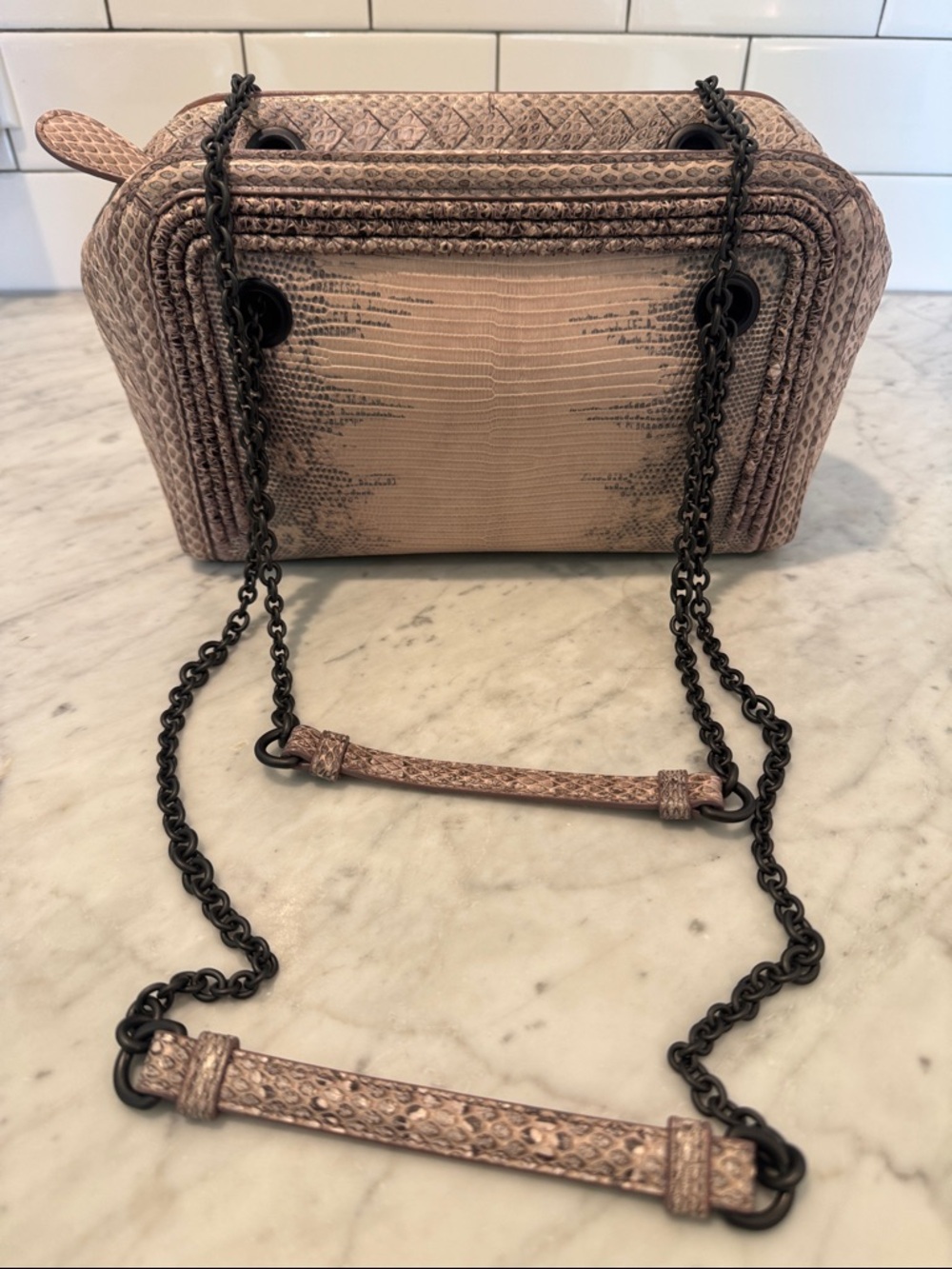 Bottega Veneta Blush-Taupe Lizard-Embossed Crossbody with Dark Chain